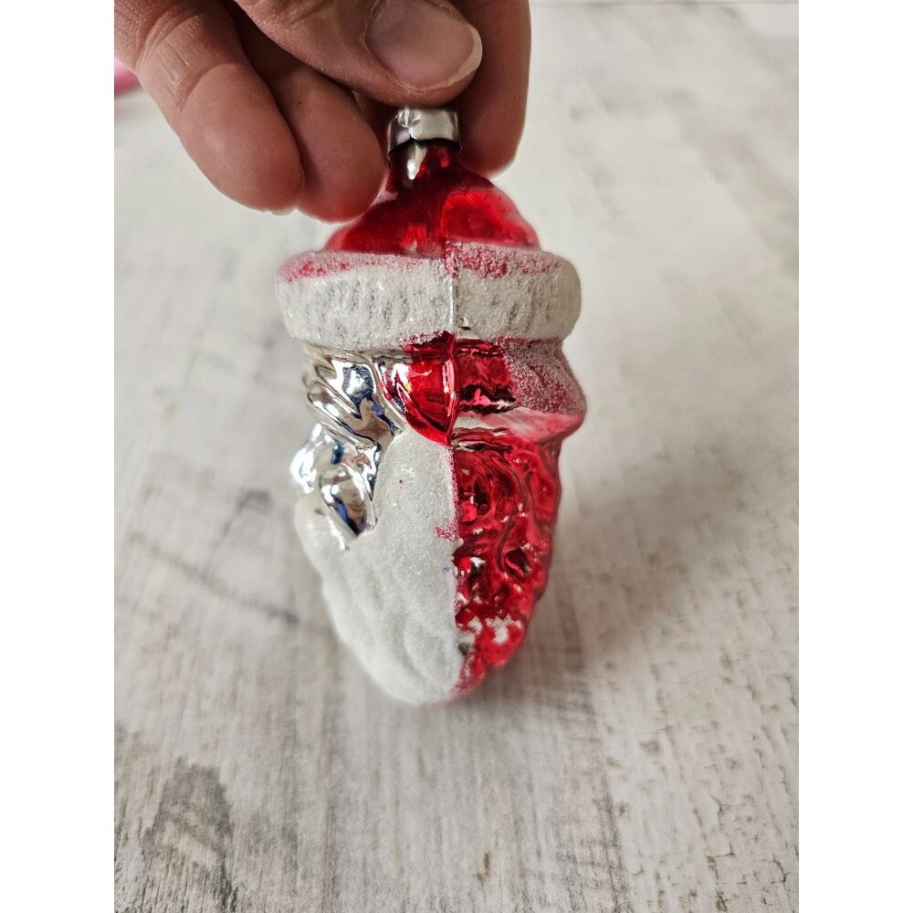 Vintage Mercury glass Santa flocked head ornament Xmas tree